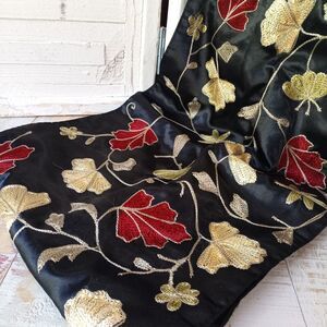 Vintage Embroidered Floral Silky Table Runner 71x13 Black Red Green Cream Fall